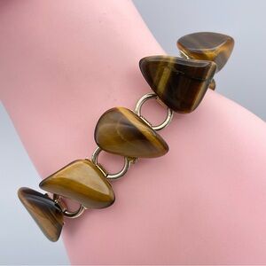 Tiger’s Eye Triangle Link Bracelet Gold Tone Chunky Statement